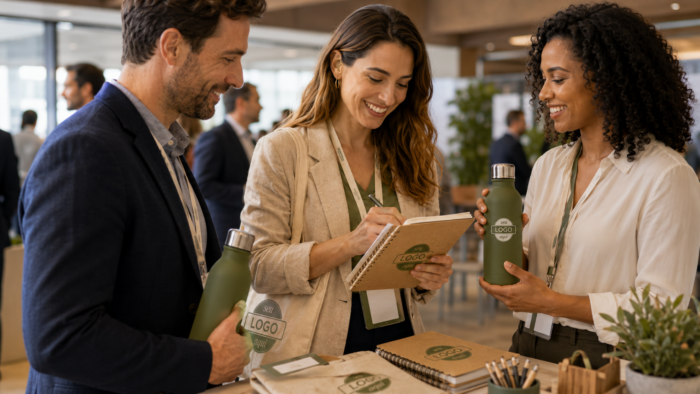 grupo de pessoas utilizando os brindes sustentaveis em um evento corporativo