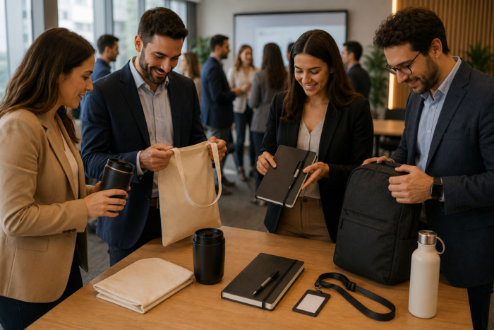Colaboradores em evento interno interagindo com brindes corporativos como mochila, ecobag, garrafa e caderno.